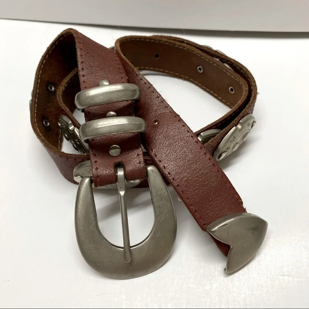 Access Genuine Leather Brown Belt Silver Buckle Conchos Western Rodeo Moto Sz M